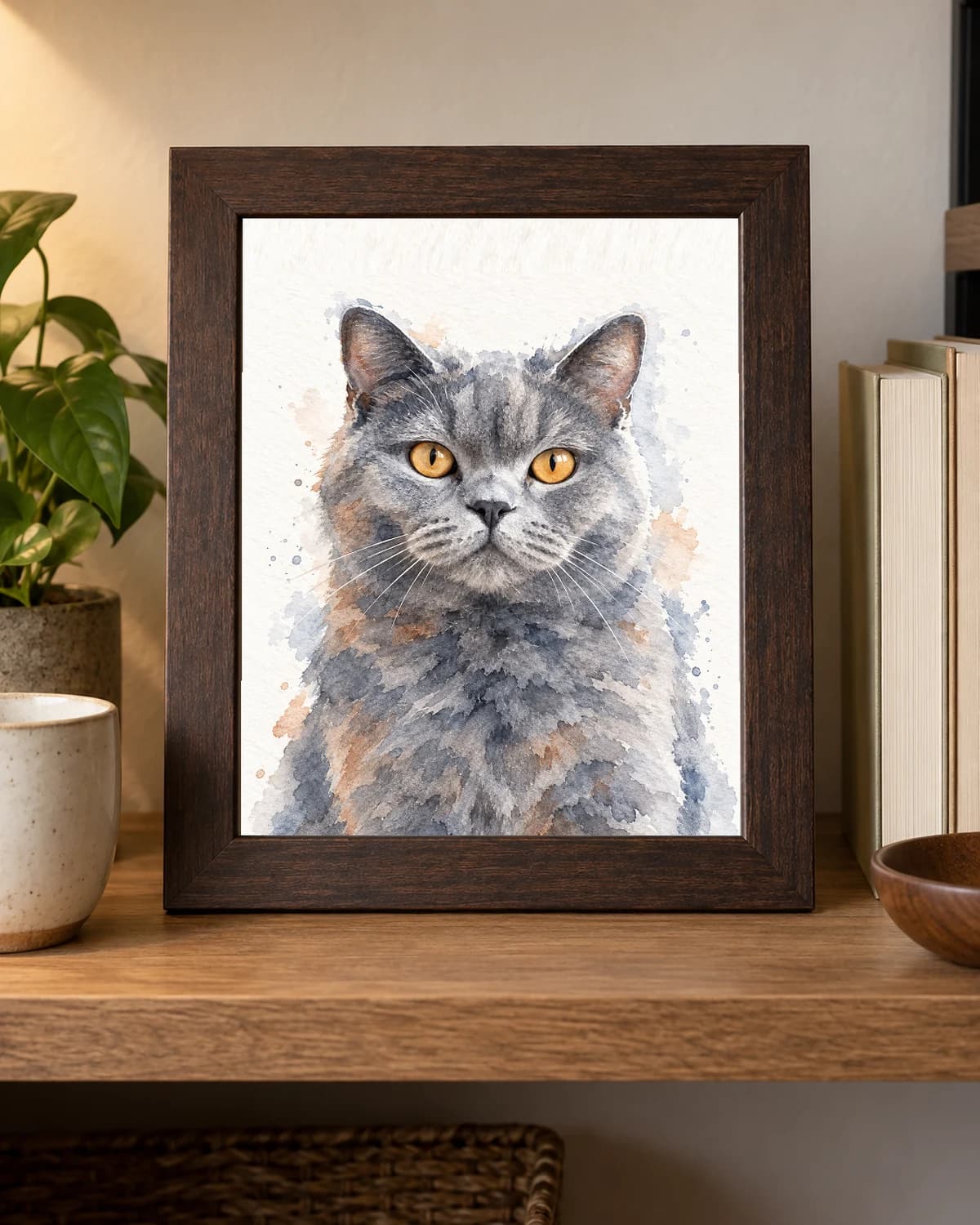 Ein gerahmtes Aquarellporträt einer Katze auf einem Holzregal