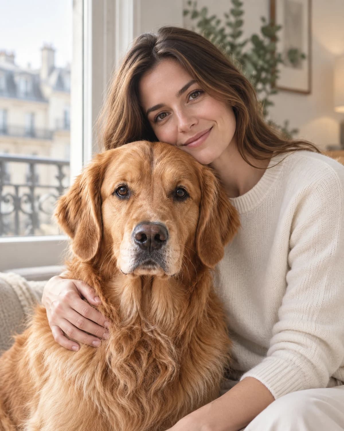 Ein Hund legt am Fenster den Kopf auf den Arm seiner Besitzerin
