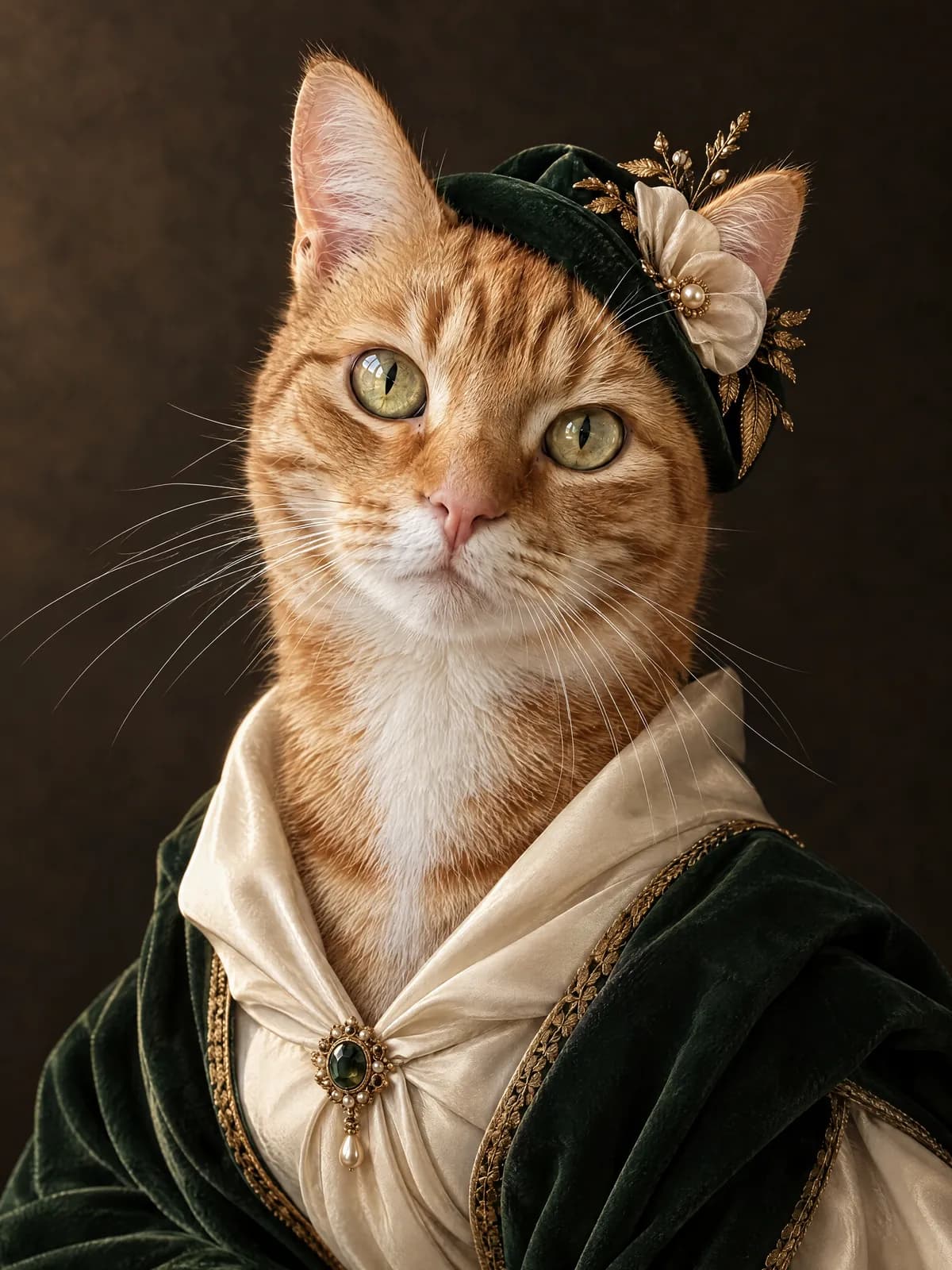 La Dama — Velluto smeraldo, seta avorio e un cappellino con fiore di seta. Grazia d'altri tempi.
